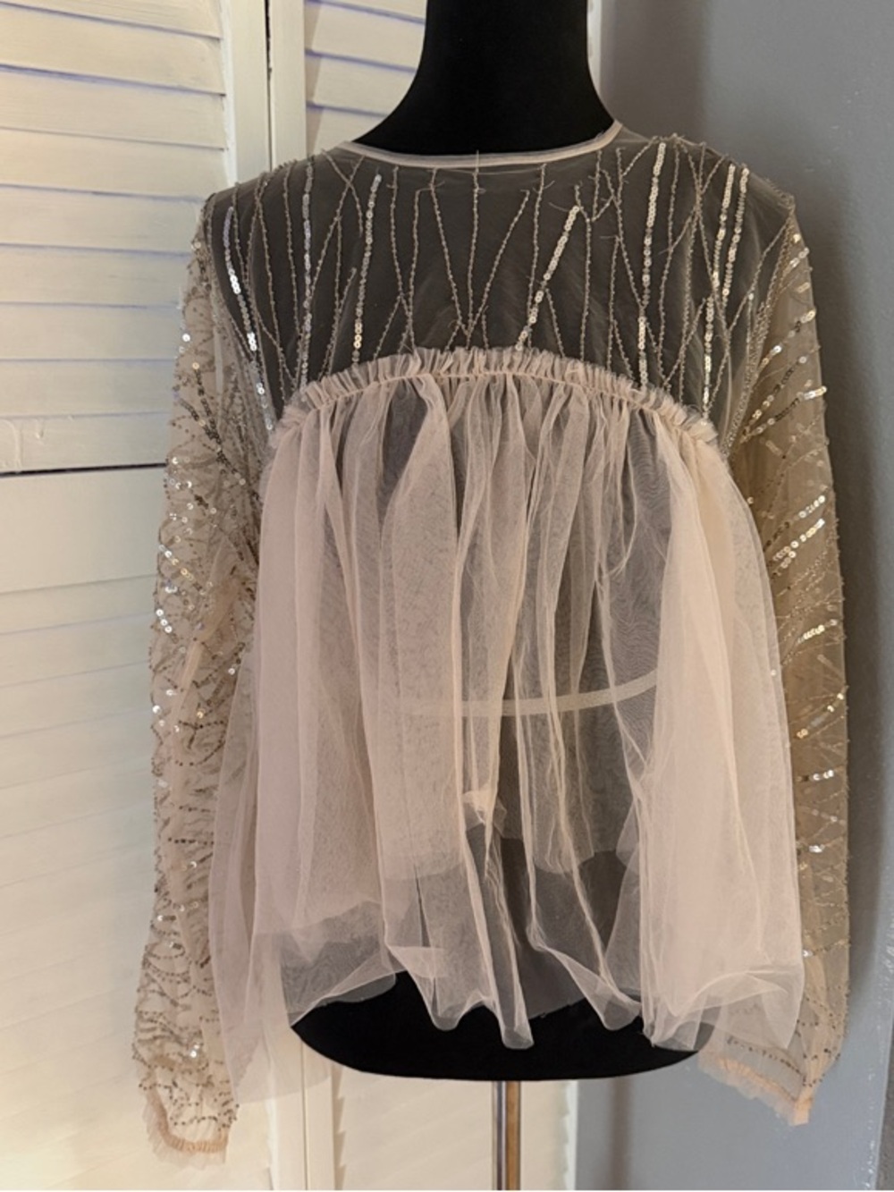 Anthropologie Sheer Sequined Tulle Blouse in Light Pink